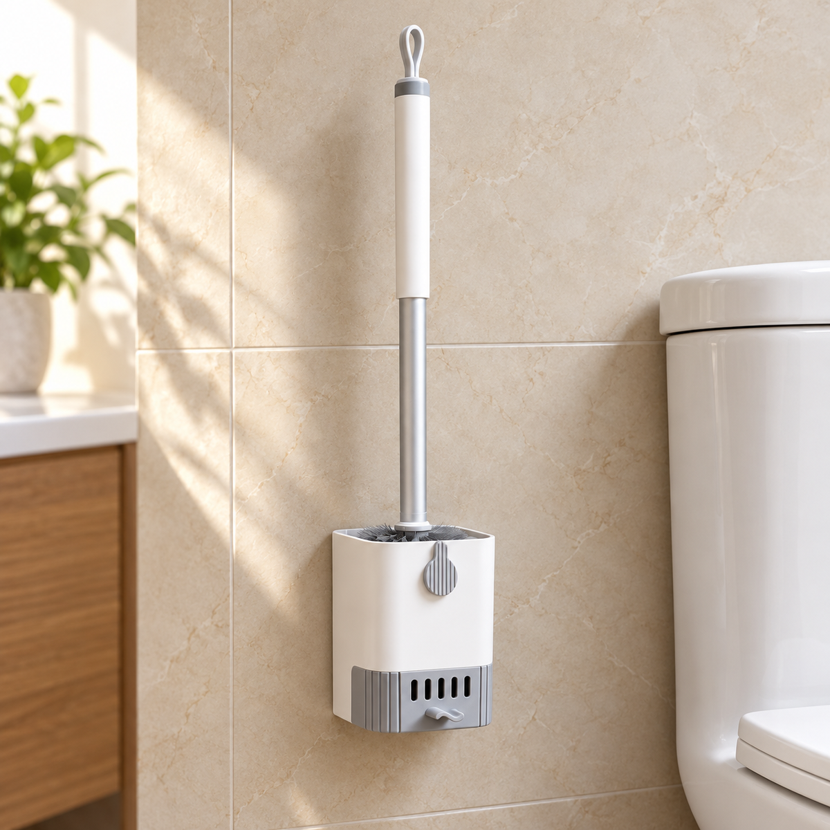 Escobilla de baño con soporte ventilado en ambiente de hogar — Vendalia