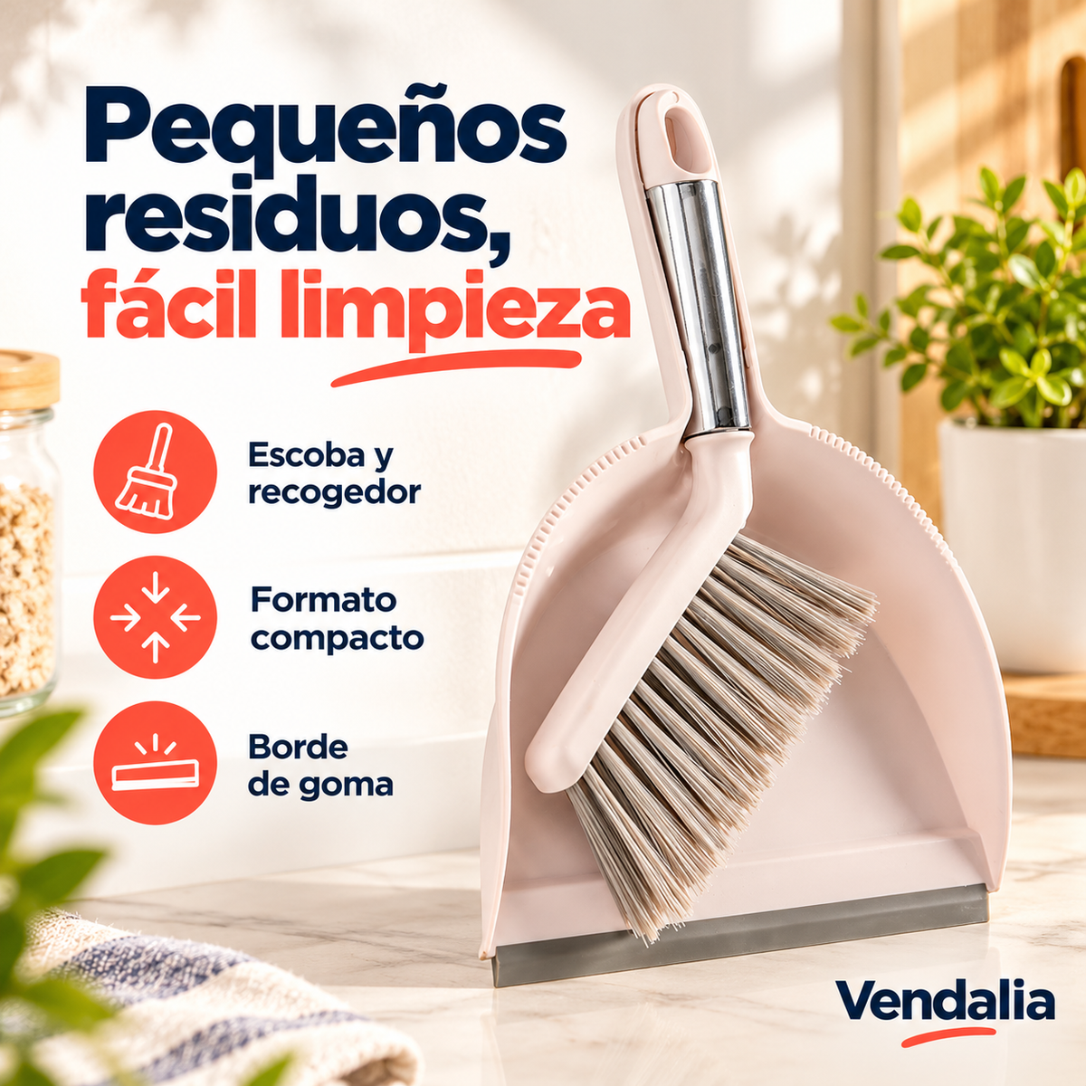 Juego compacto de escoba de mano y recogedor rosa — Vendalia