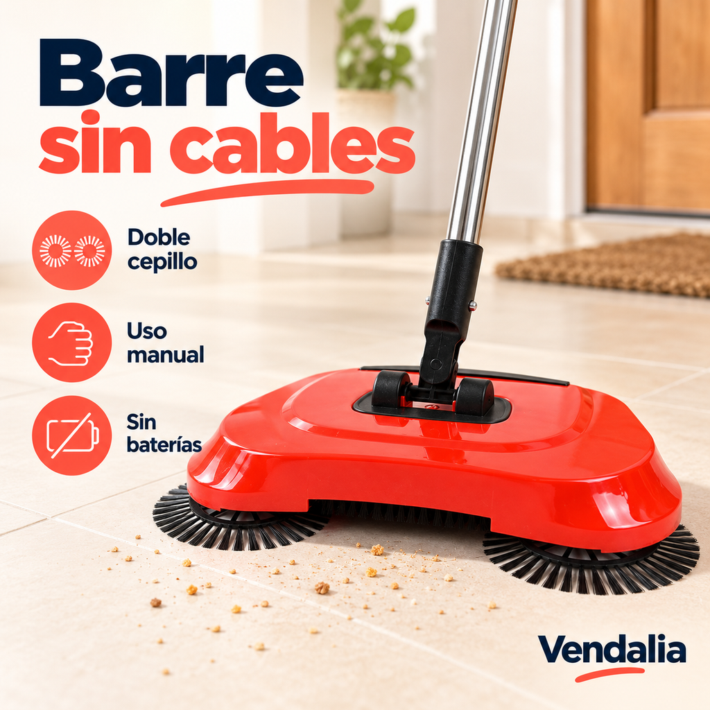 Escoba manual roja con doble cepillo giratorio — Presentación Vendalia