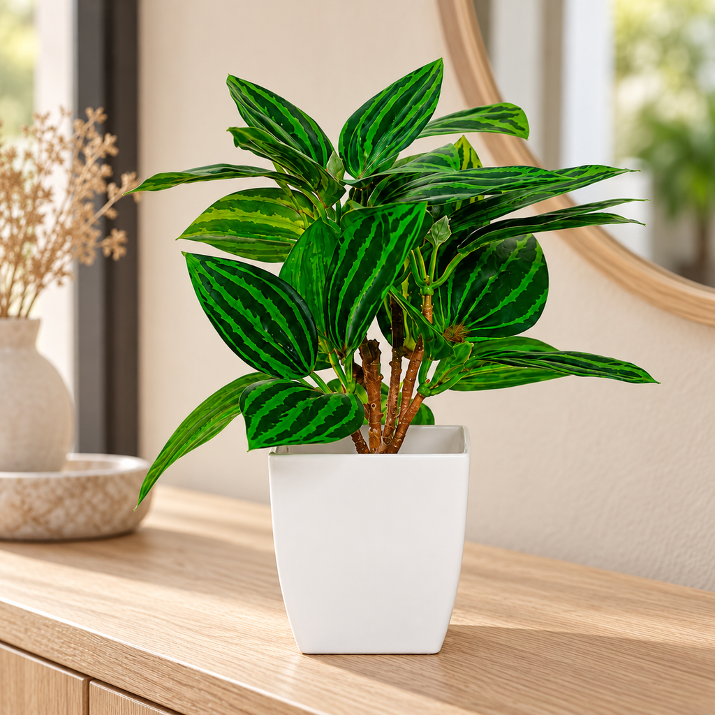 Planta de hoja de simulación en maceta para decoración del hogar en ambiente de hogar — Vendalia