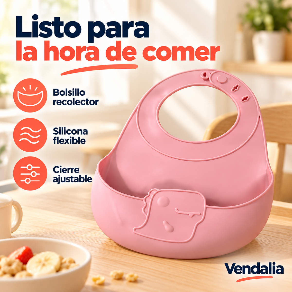 Babero de silicona rosa — portada Vendalia