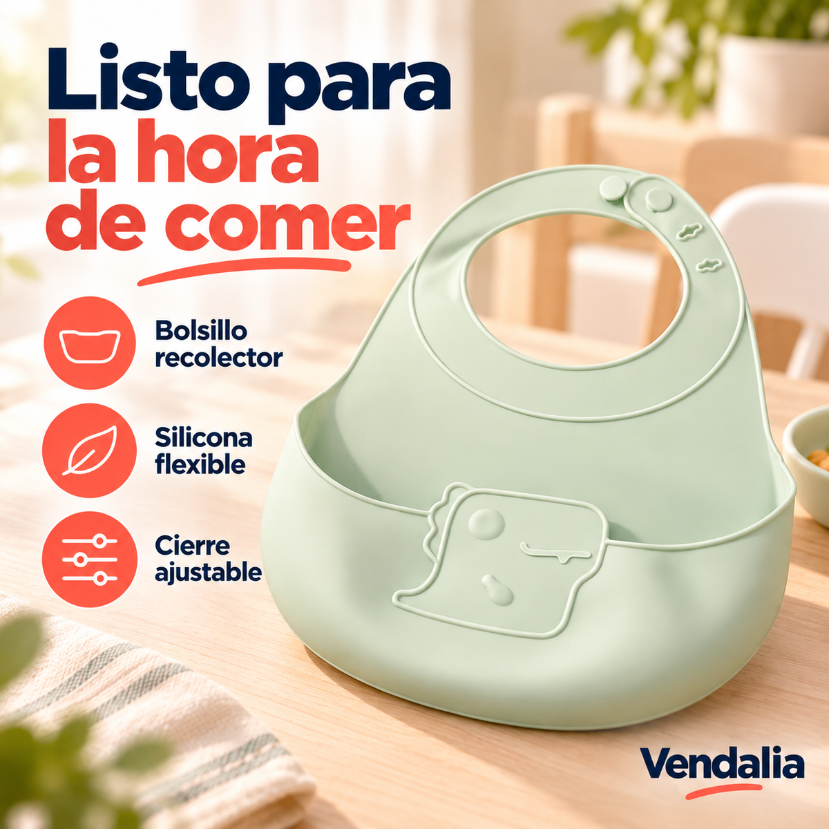 Babero de silicona verde salvia — portada Vendalia