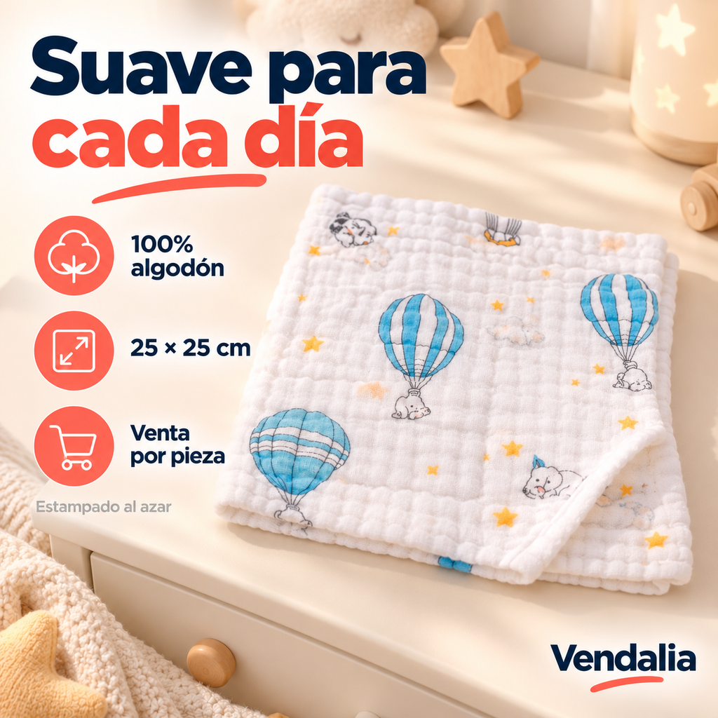 Toallita de algodón de 25 × 25 cm, estampado surtido — portada Vendalia