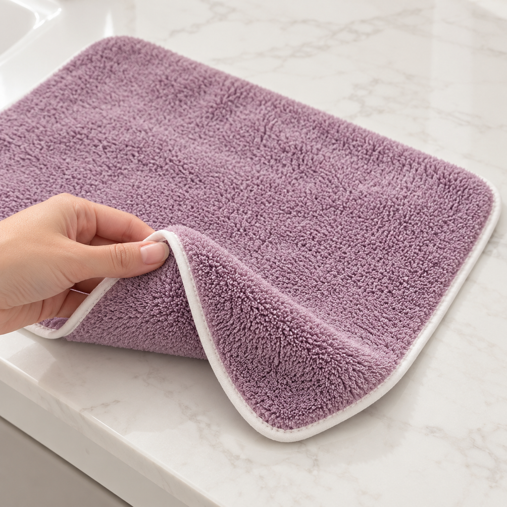 Toalla de microfibra lila con orilla blanca — Vista de detalle.