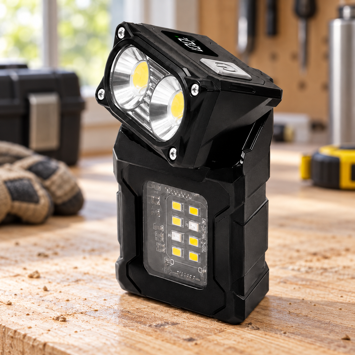 Linterna led multifuncional recargable de alta potencia en ambiente de hogar — Vendalia