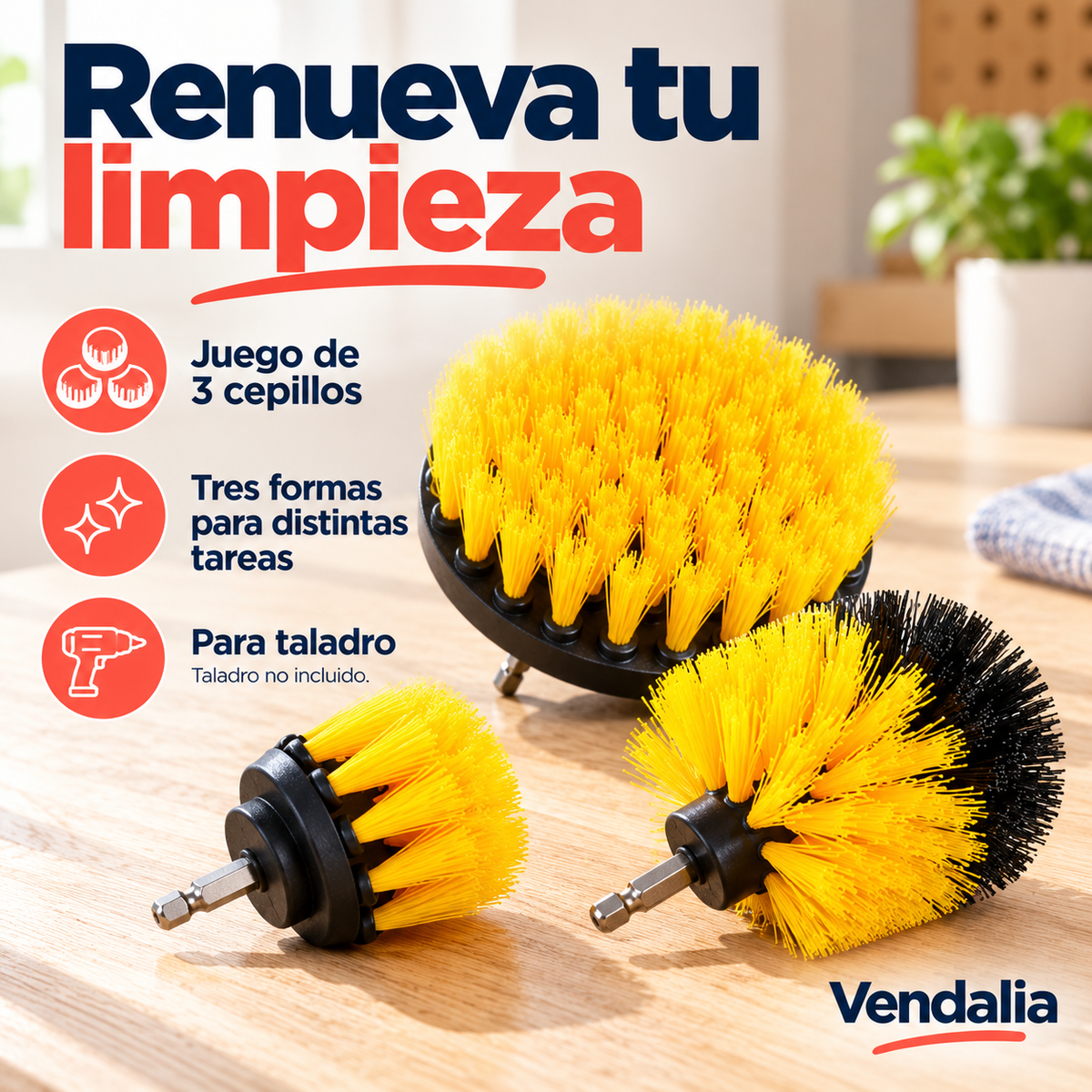Juego de tres cepillos de limpieza para taladro, amarillo y negro; taladro no incluido — Vendalia