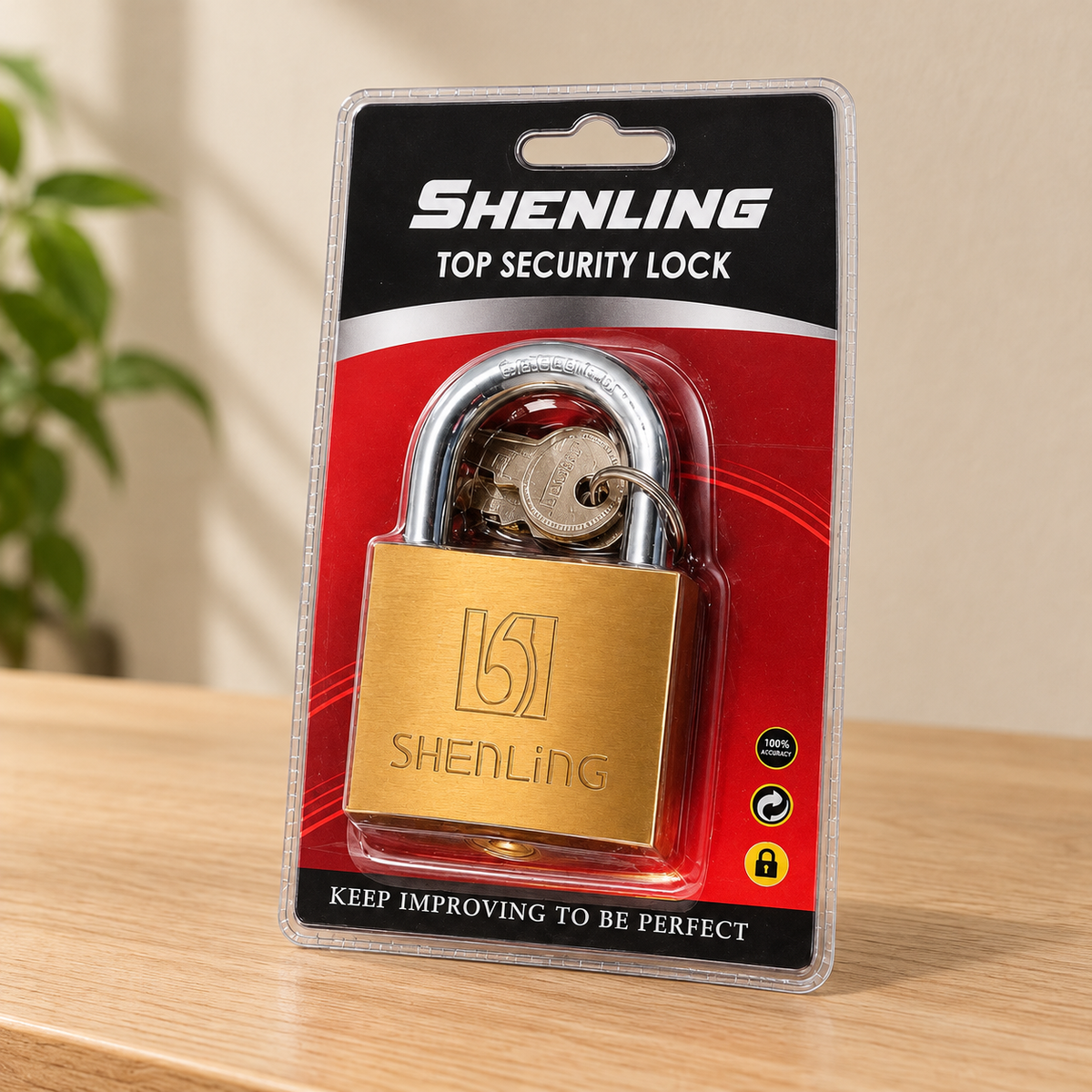 Candado Metálico Shenling Dorado 38 mm — fotografía ambientada de la presentación del producto