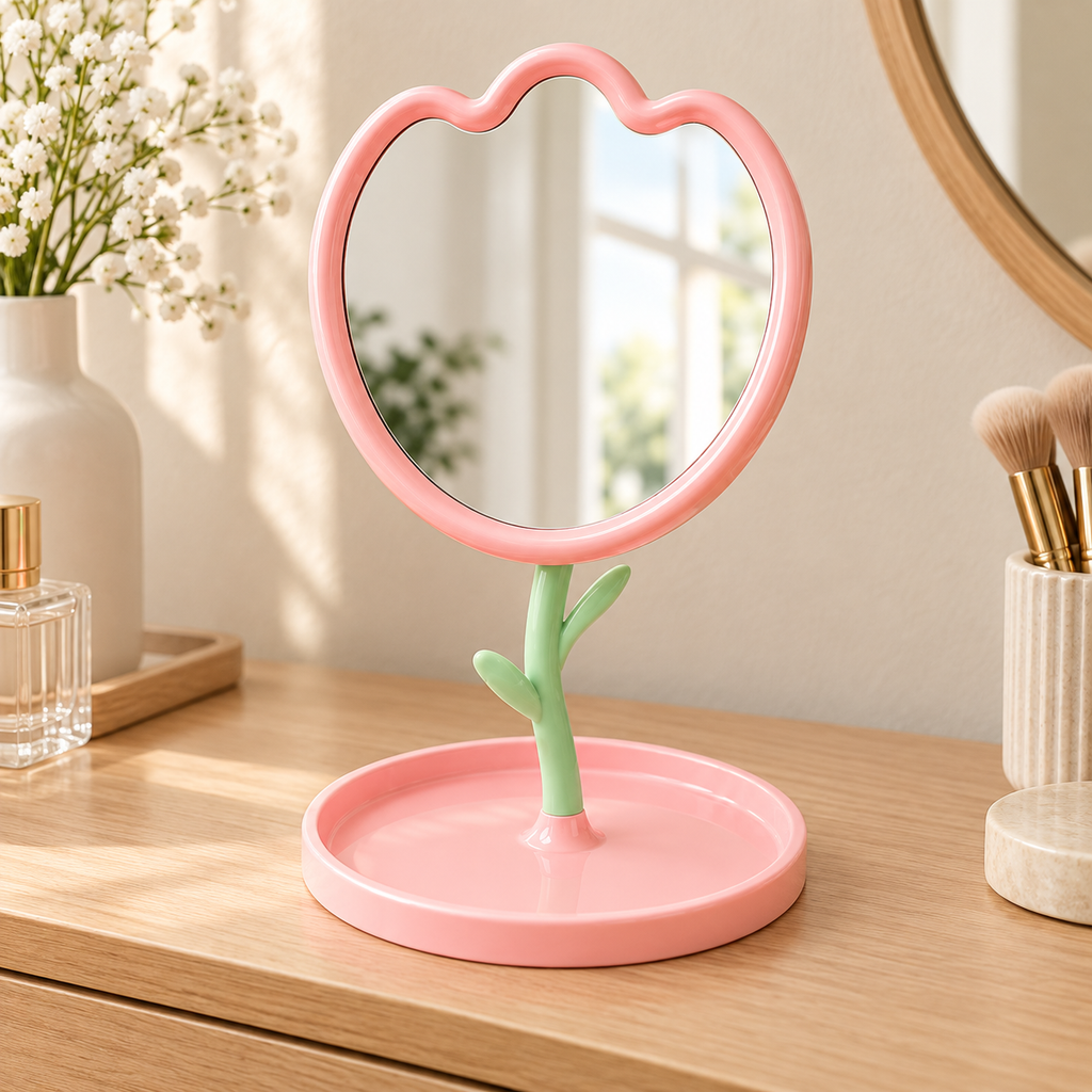 Espejo de flor con base organizadora en ambiente de hogar — Vendalia