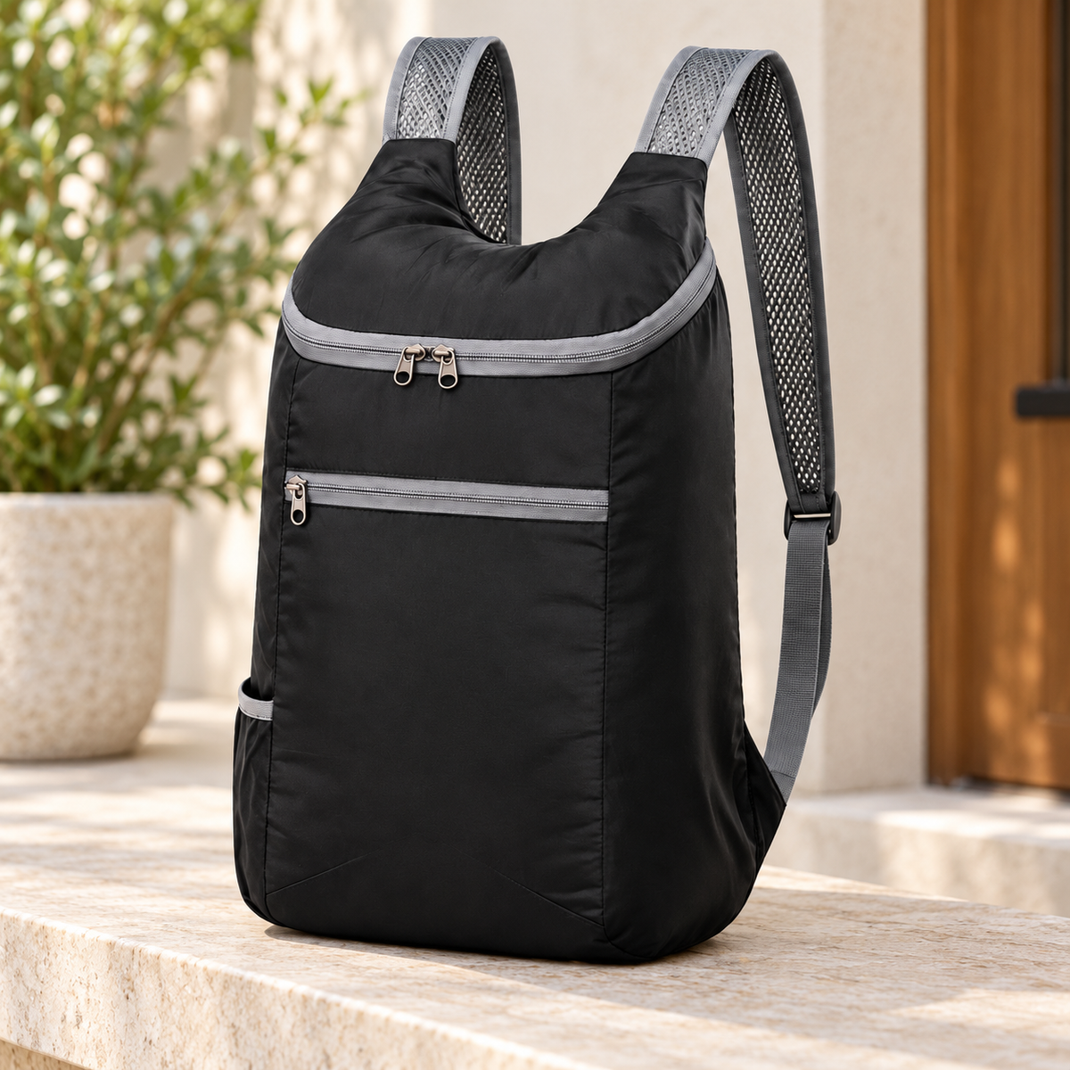 Mochila plegable negra ligera en ambiente de hogar — Vendalia