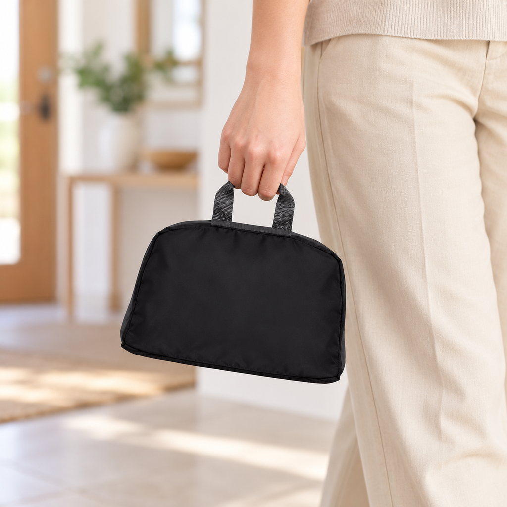 Mochila plegable negra — vista del formato plegado