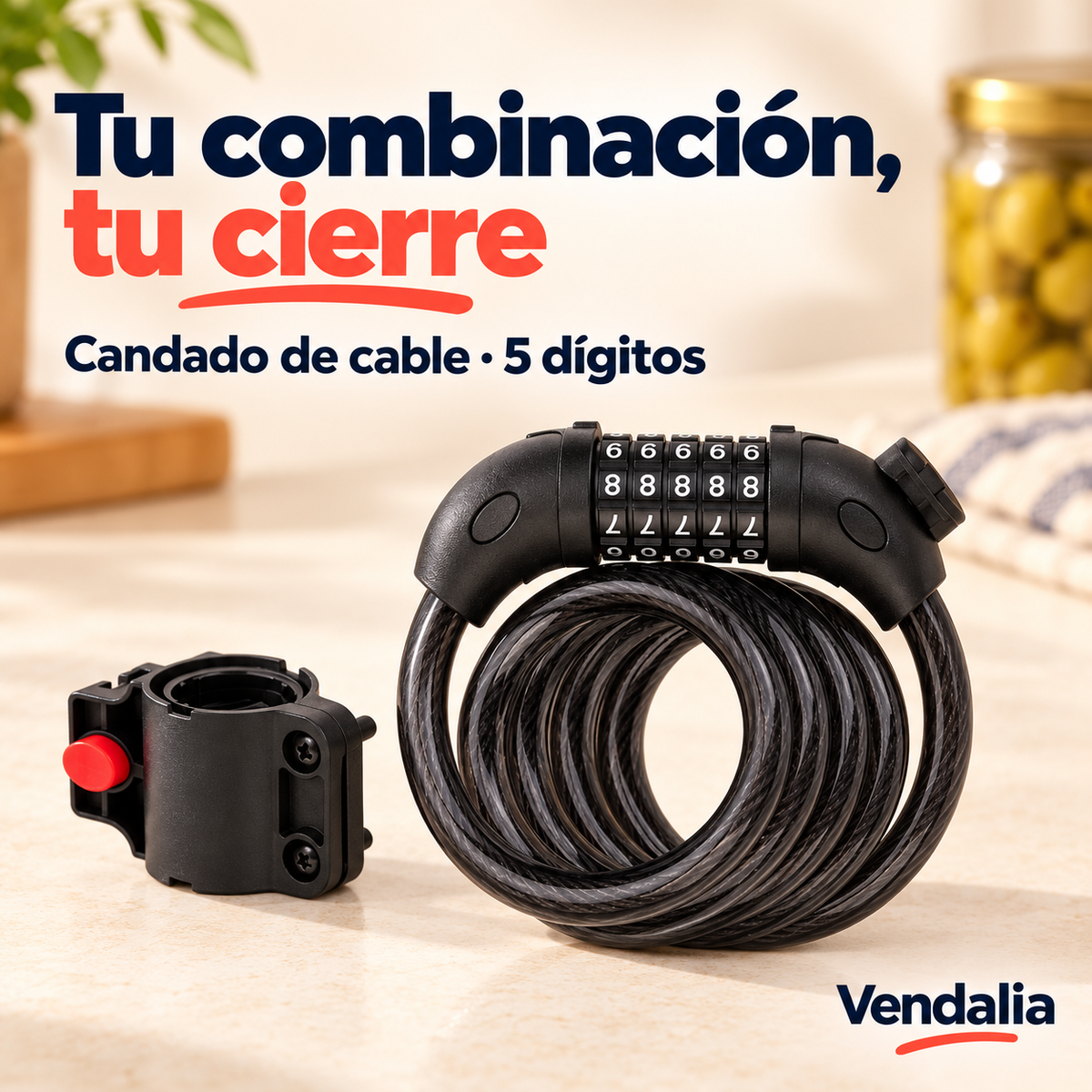 Candado negro de cable con combinación de cinco dígitos — Vendalia