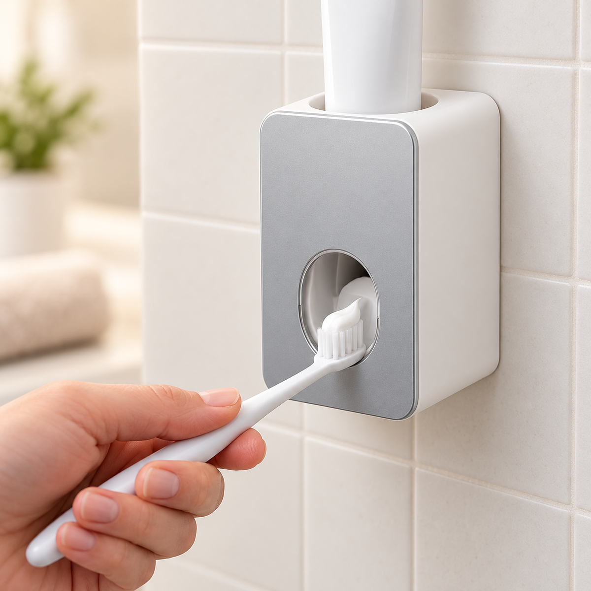 Dispensador de pasta dental blanco y gris — Vista de uso — SKU 52975