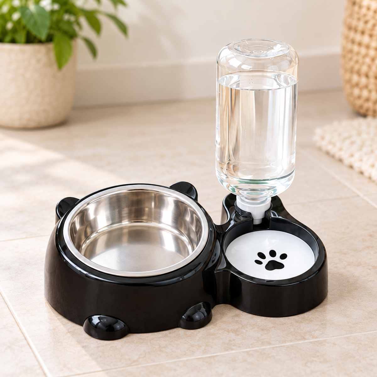 Comedero con plato de acero y bebedero automático — ejemplo en negro