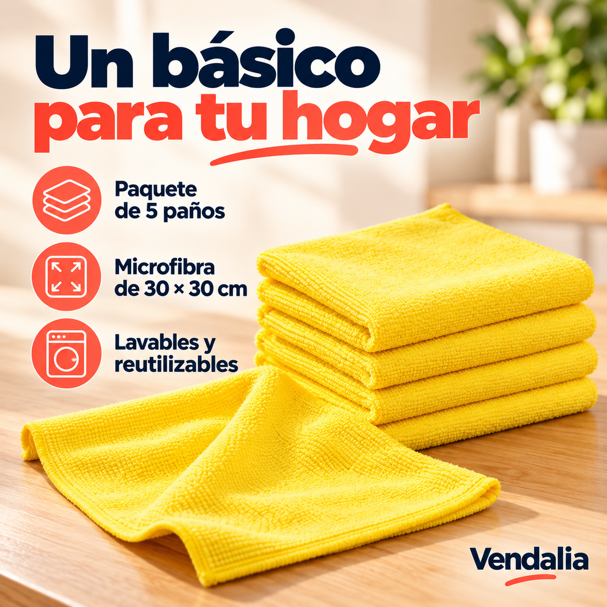 Paquete de cinco paños amarillos de microfibra — portada Vendalia