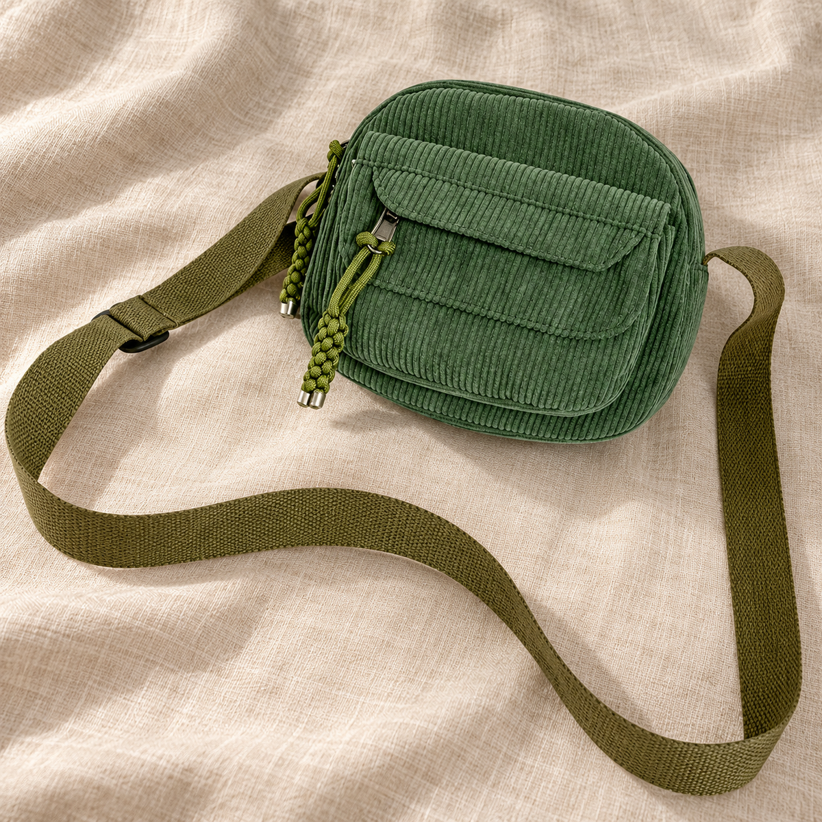 Bandolera verde militar — detalle de textura y correa