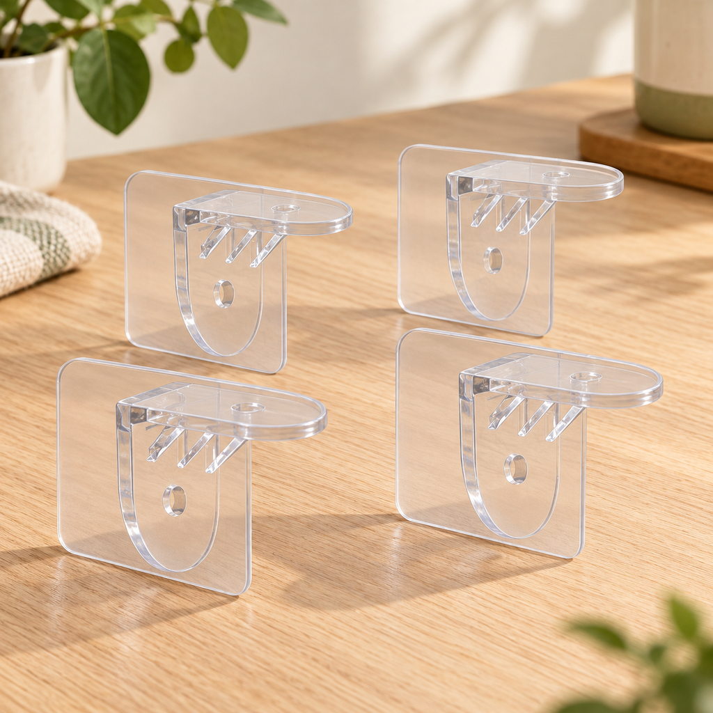 Soportes adhesivo transparente para repisas · Paquete de 4 piezas · fotografía ambientada de Vendalia · SKU 53059