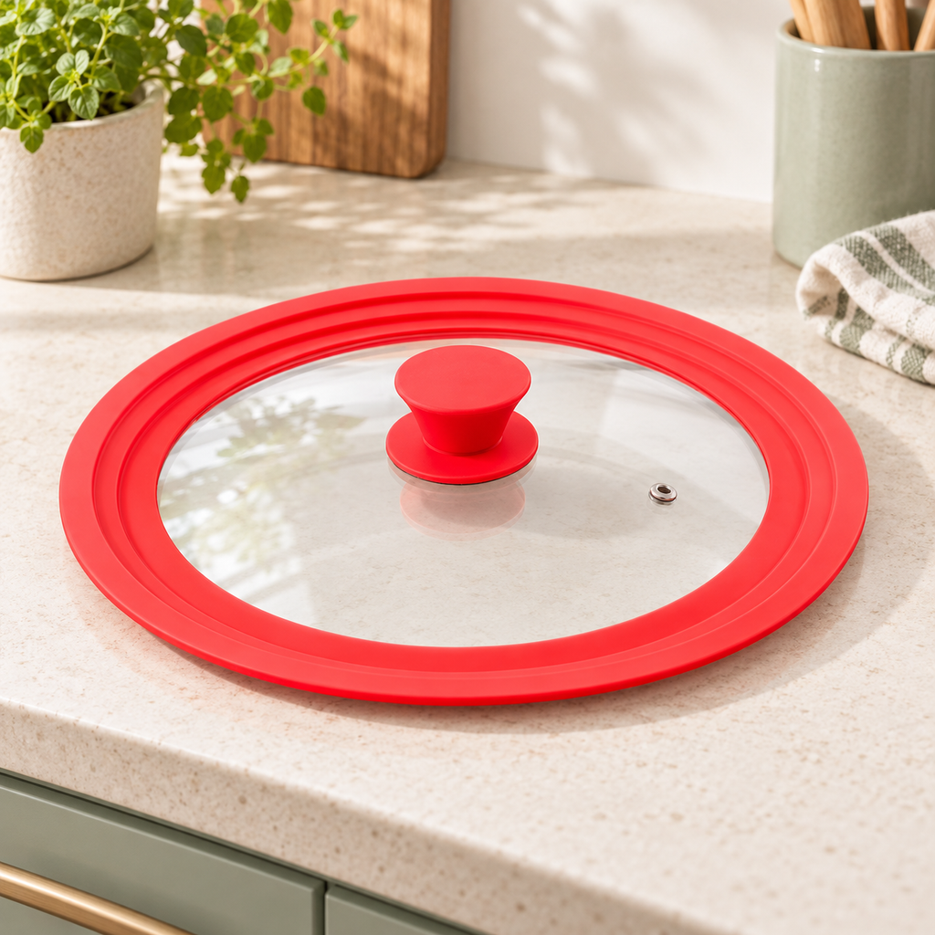 Tapa Universal de Vidrio con Borde de Silicón Roja 24, 26 y 28 cm · fotografía ambientada de Vendalia · SKU 53061