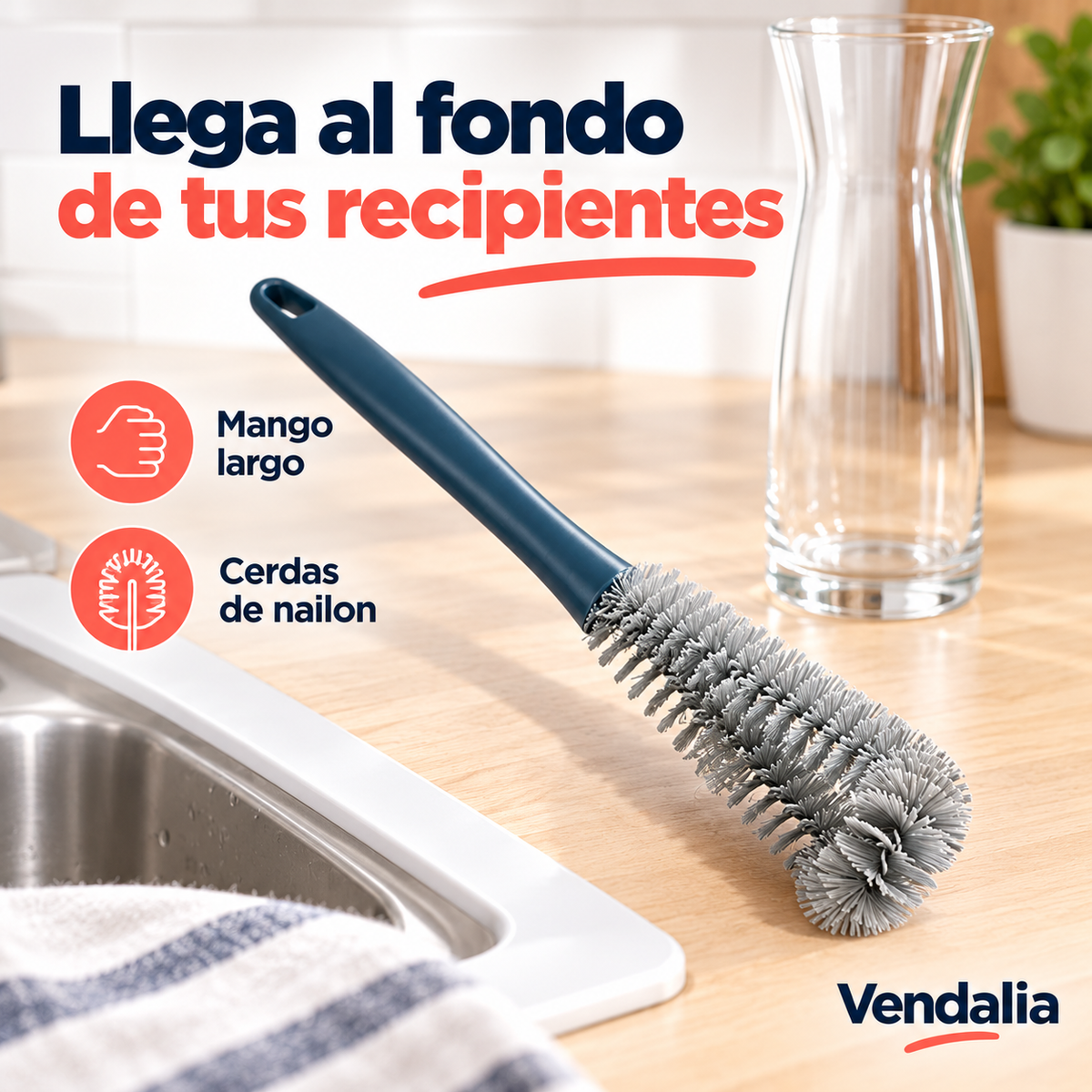 Cepillo largo para botellas de mango azul oscuro y cerdas grises · Vendalia