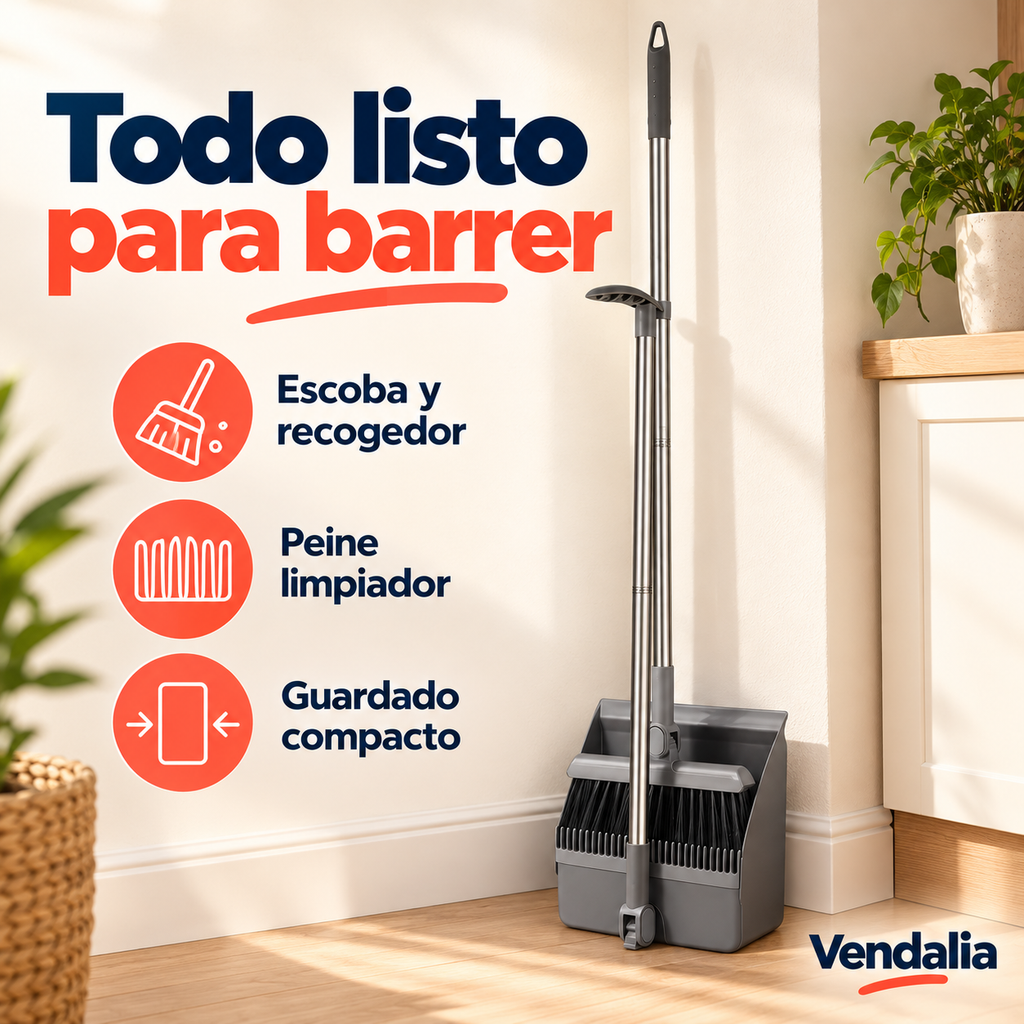 Recogedor y escoba grises con mangos largos — portada Vendalia