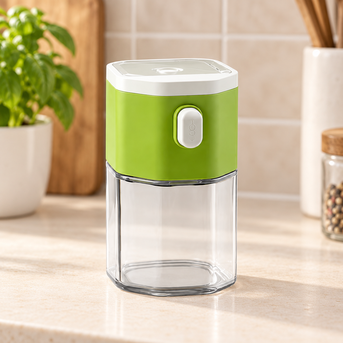 Contenedor Dispensador de Condimentos con Botón Dosificador en ambiente de hogar — Vendalia