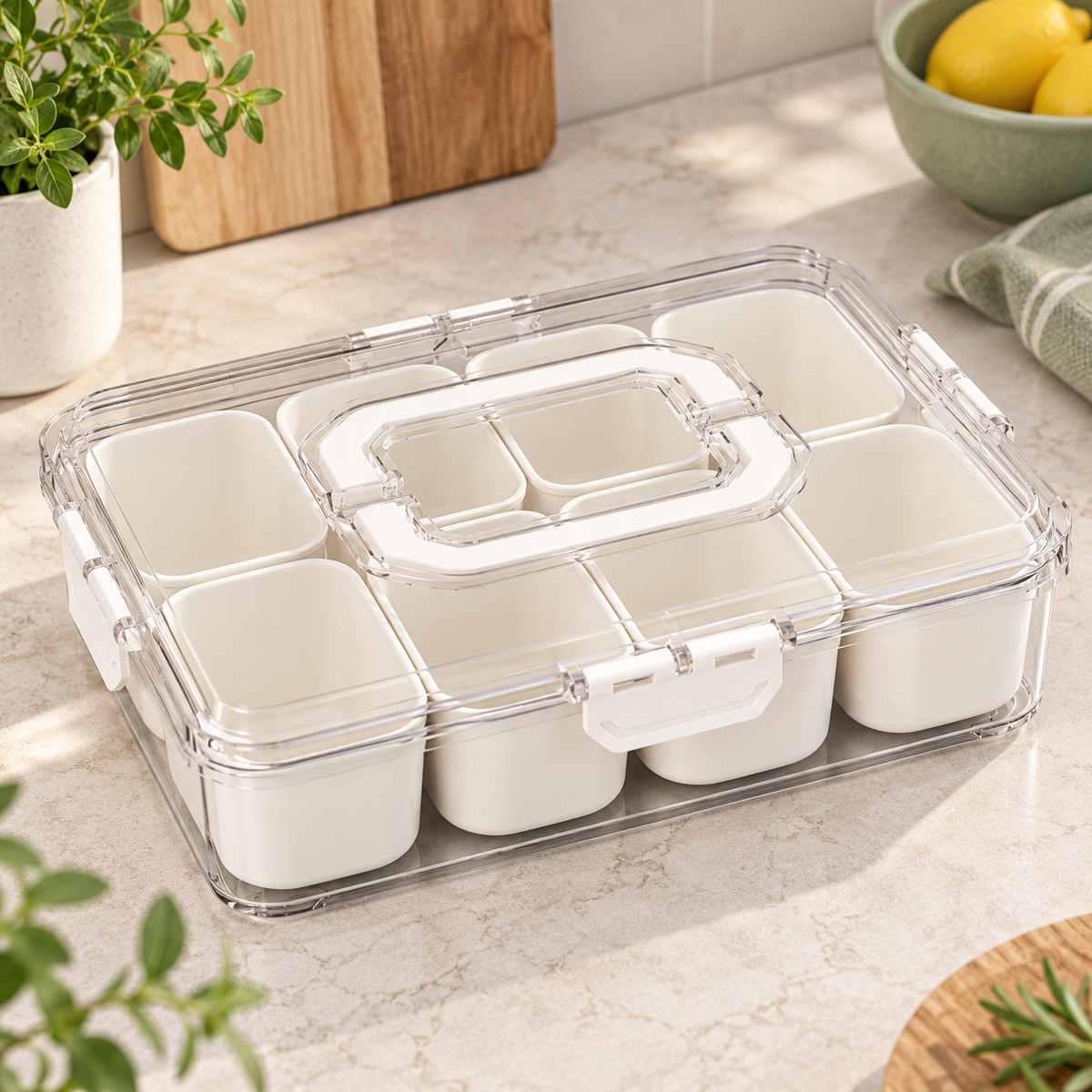 Organizador hermético con 8 compartimentos desmontables en ambiente de hogar — Vendalia