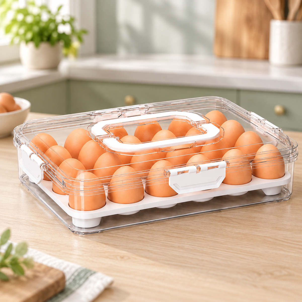 Contenedor para 24 huevos con tapa y asa — ejemplo de uso