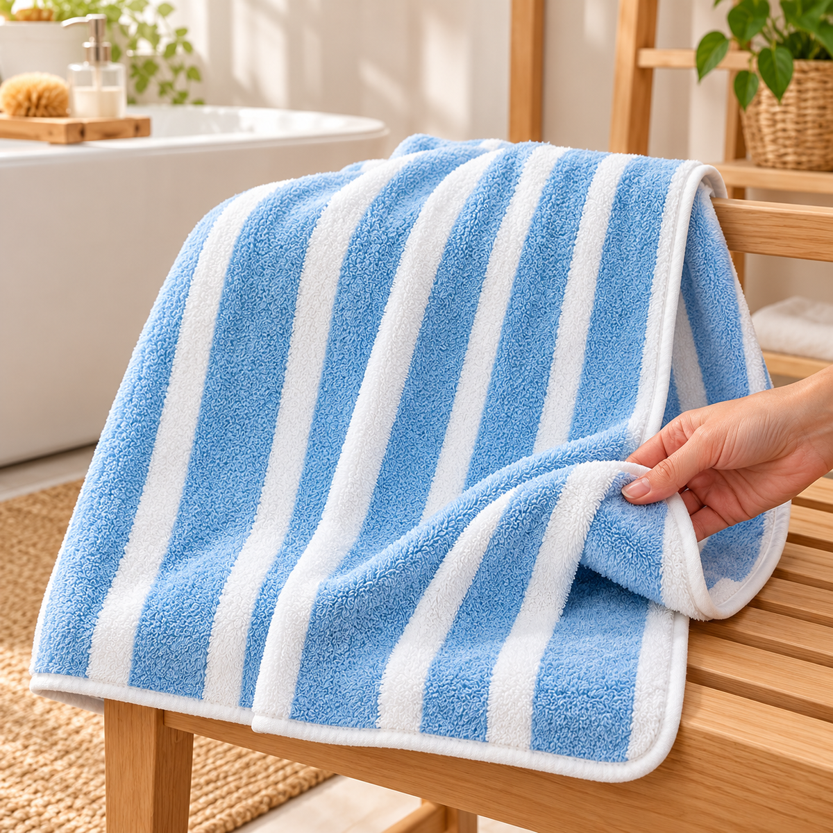 Toalla de baño a rayas azul — Vista de detalle.