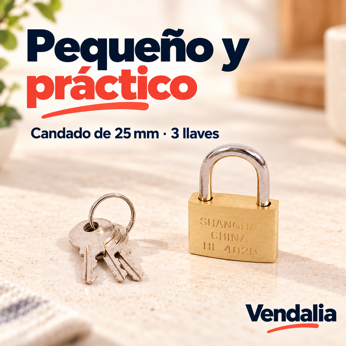 Candado mini dorado de 25 mm con tres llaves — Vendalia