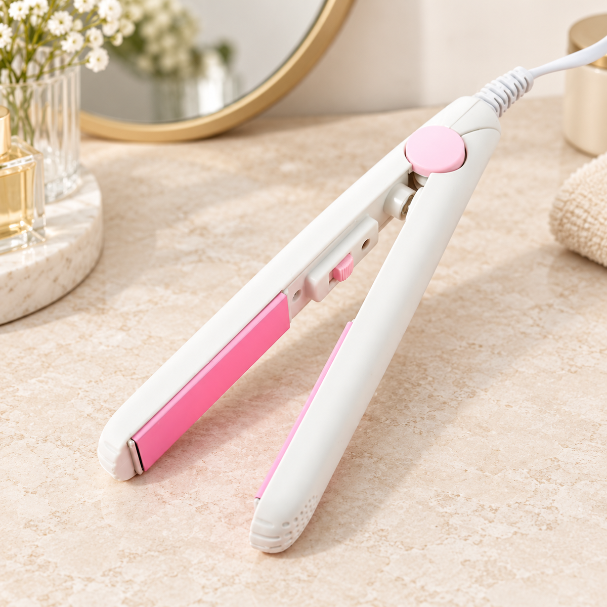 Plancha de Cabello Mini Blanca con Rosa en ambiente de hogar — Vendalia