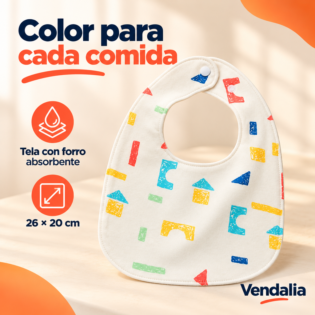 Babero de tela con figuras geométricas multicolor · Vendalia