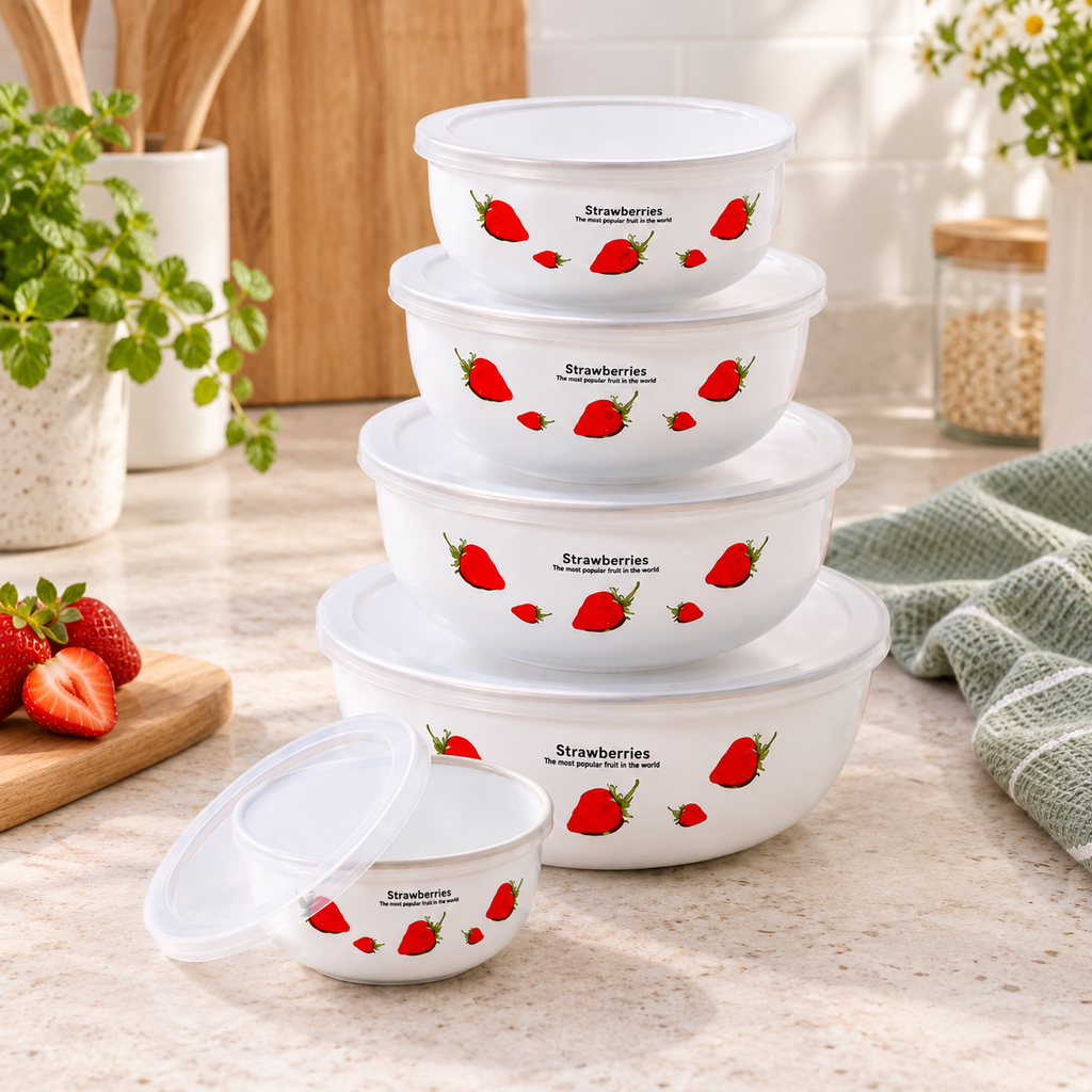 Set de 5 recipientes con tapa diseño fresas en ambiente de hogar — Vendalia