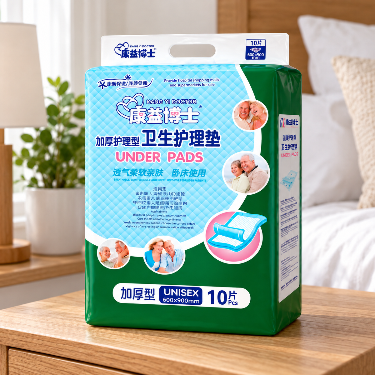 Empapadores desechables 60 × 90 cm — empaque de 10 piezas en ambiente de hogar — Vendalia