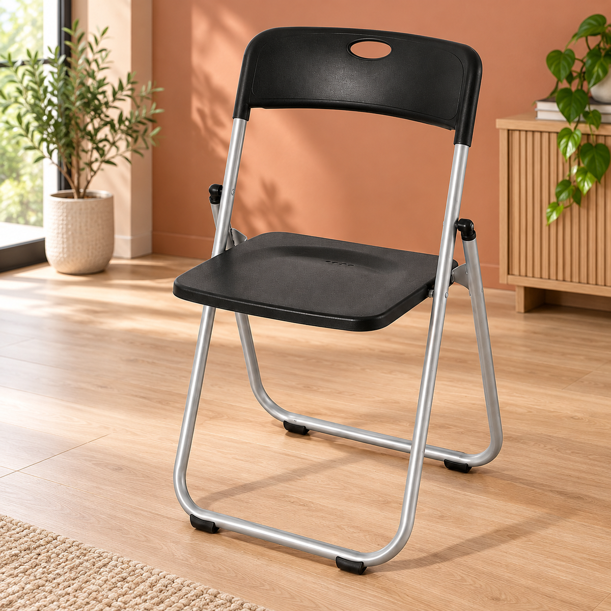 Silla plegable de metal con asiento y respaldo de plástico — fotografía ambientada de Vendalia