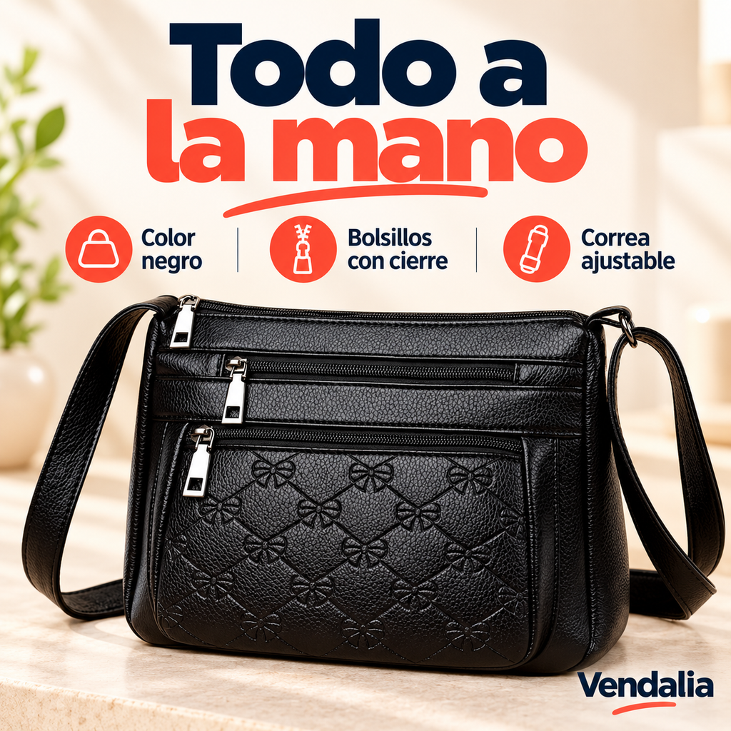Bolsa negra con bordado y cierres — presentación Vendalia