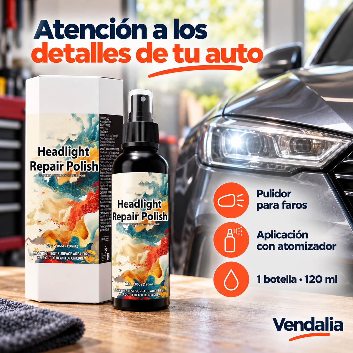 Pulidor de faros en botella con atomizador de 120 ml · Vendalia