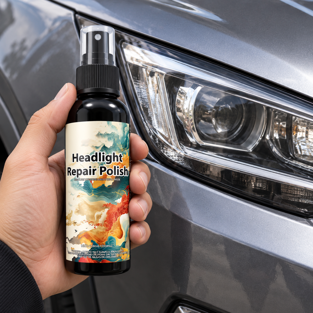 Pulidor de faros en mano junto al automóvil