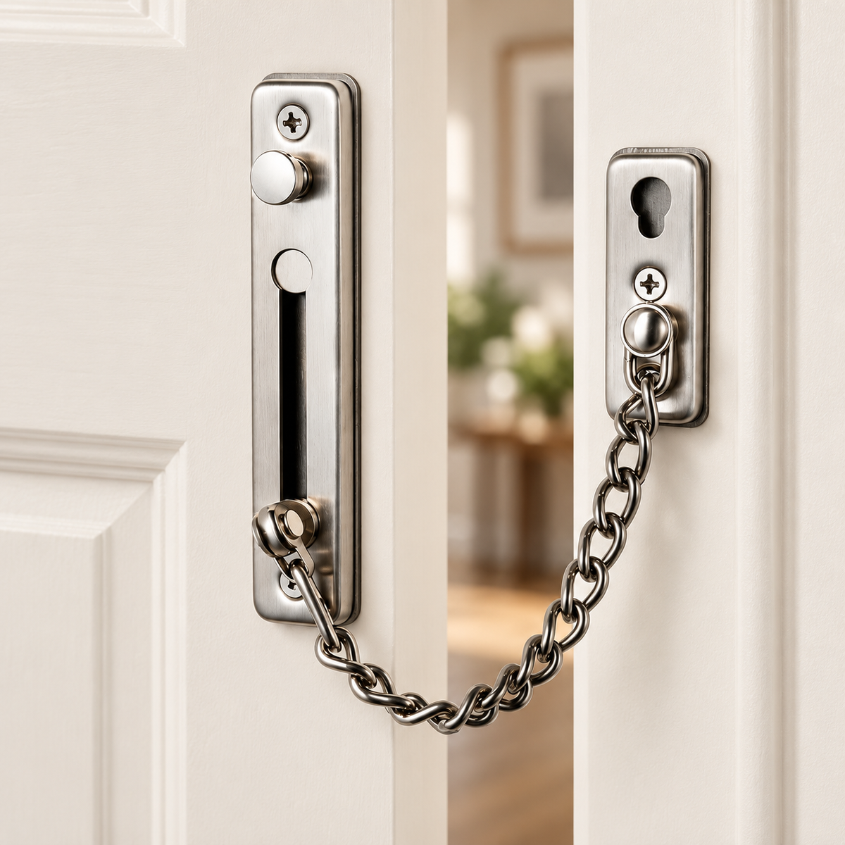 Cadena de seguridad para puerta con tornillos y adhesivo incluidos en ambiente Vendalia