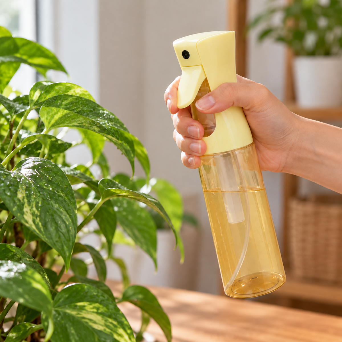 53198 — Atomizador amarillo sostenido junto a una planta