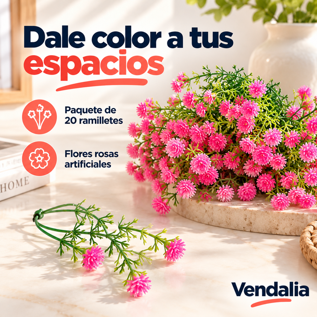 Flores artificiales rosas, paquete de 20 ramilletes · Vendalia