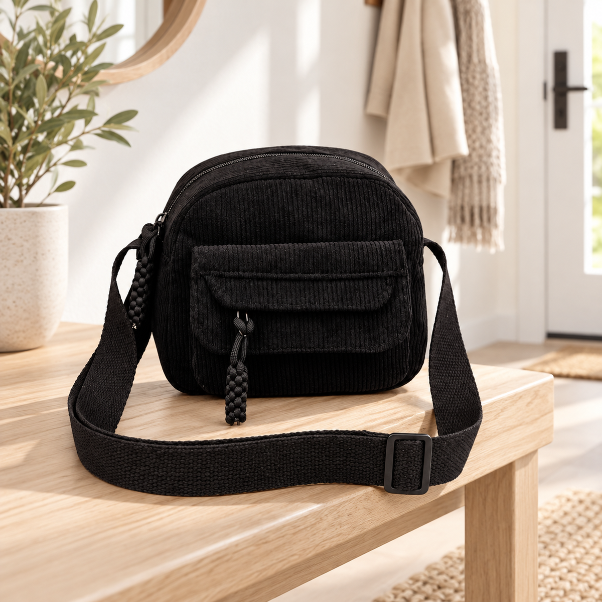 Bolsa tipo bandolera de pana negra en ambiente Vendalia