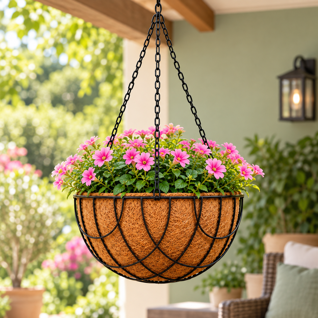 Maceta Colgante Decorativa para Jardín en ambiente de hogar — Vendalia. La fotografía muestra una sugerencia de uso. La planta, las flores y los objetos decorativos no están incluidos.