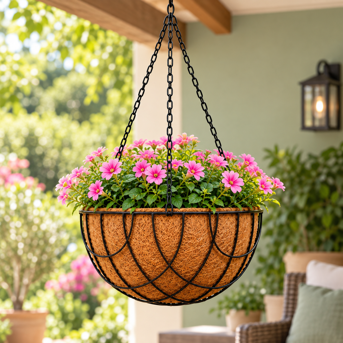 Maceta Colgante Decorativa para Jardín en ambiente de hogar — Vendalia. La fotografía muestra una sugerencia de uso. La planta, las flores y los objetos decorativos no están incluidos.