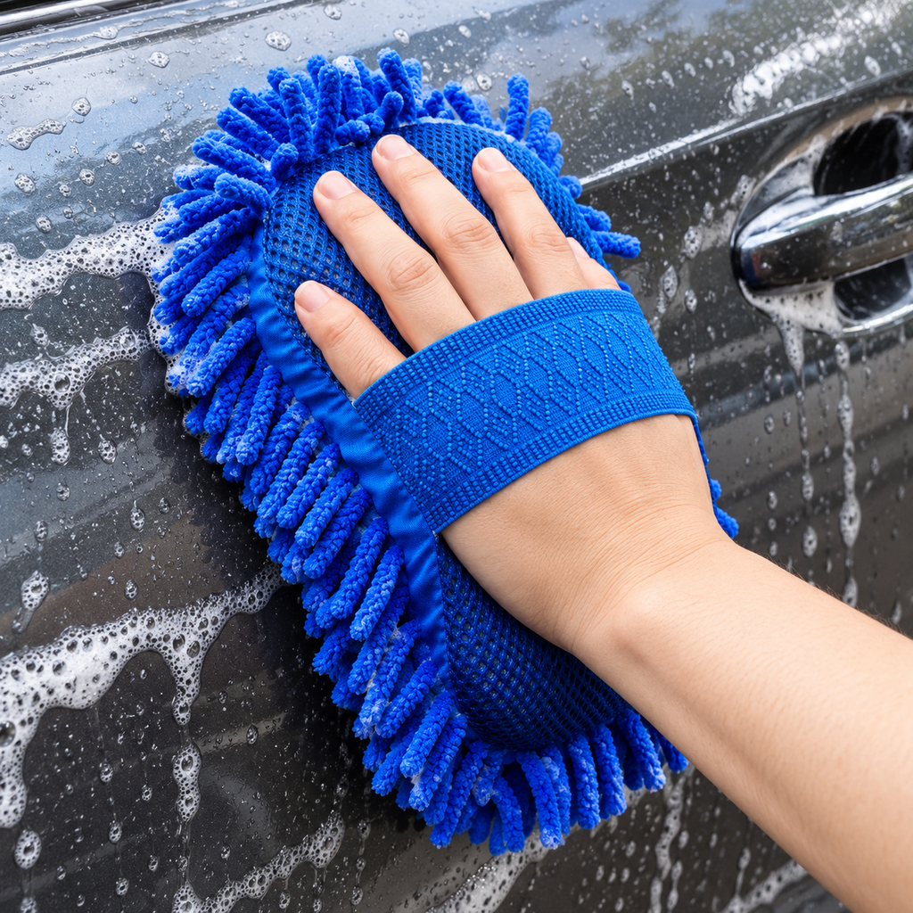 Esponja azul de microfibra en uso con banda para la mano