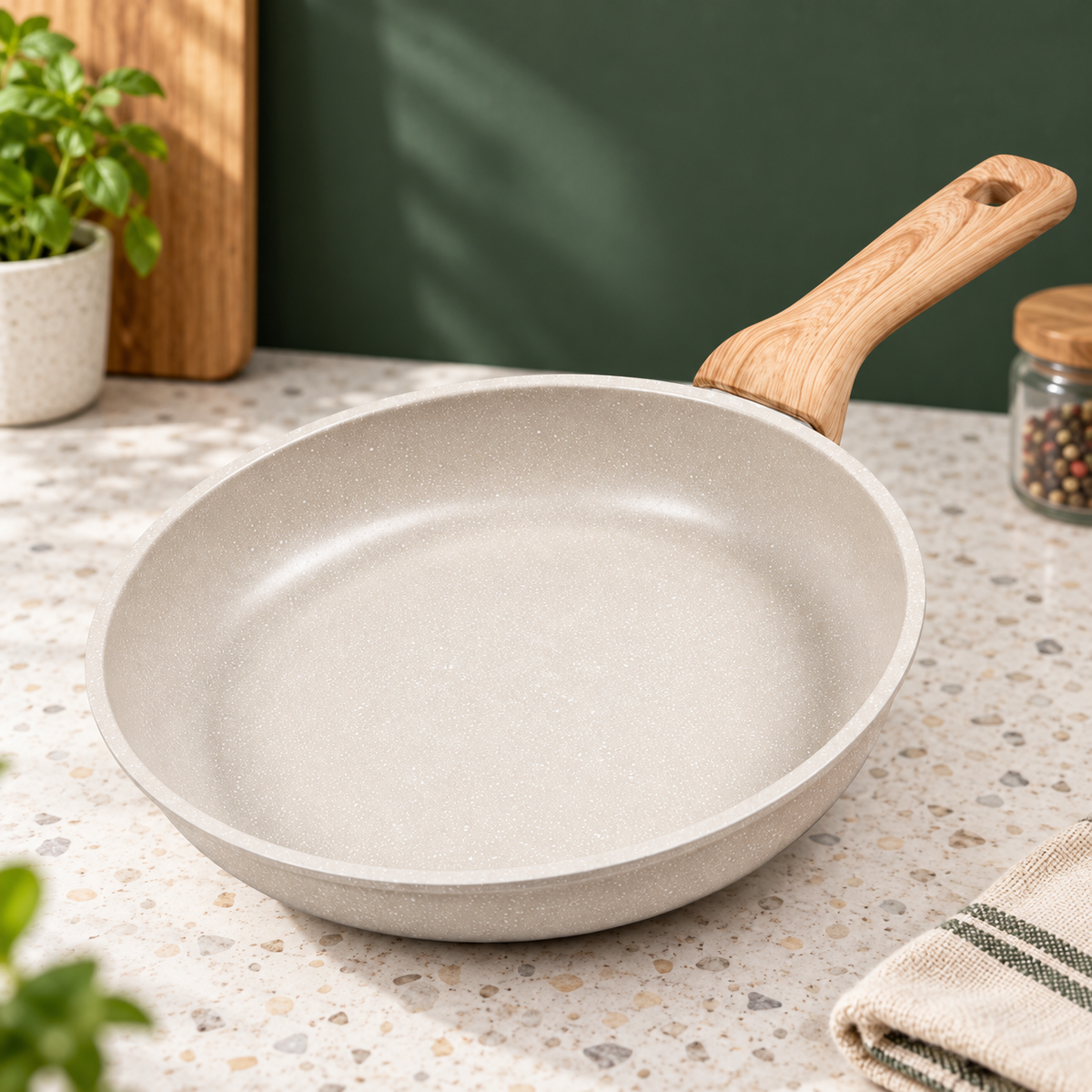 Sartén Antiadherente de 24 cm con Mango Ergonómico en ambiente de hogar — Vendalia