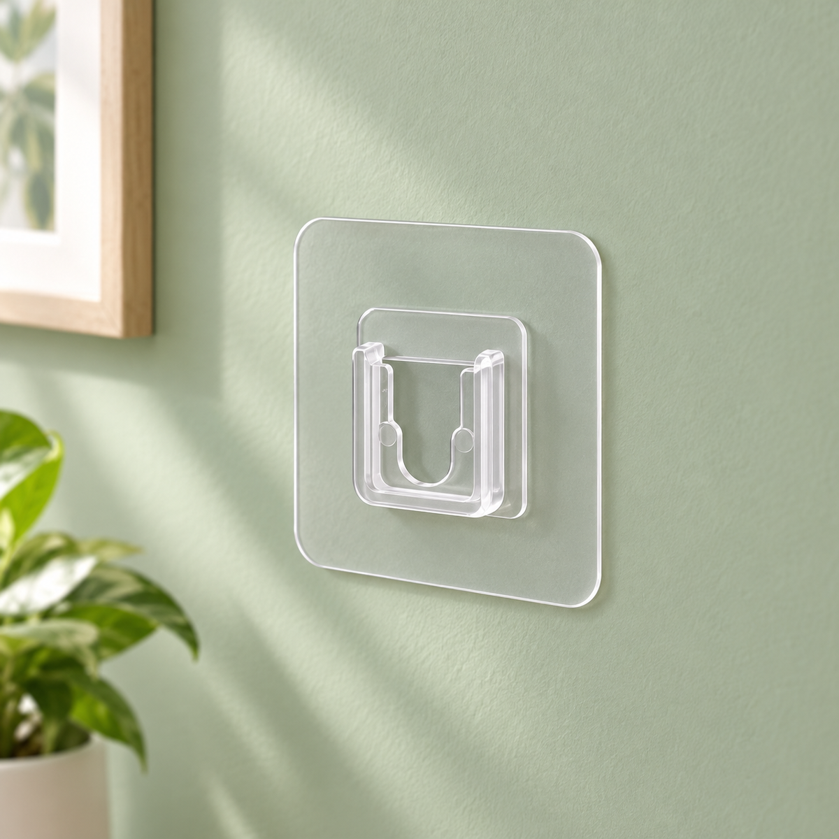 Gancho adhesivo invisible de pared · Paquete de 6 piezas en ambiente de hogar — Vendalia. La fotografía muestra una pieza de ejemplo del paquete de 6.