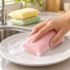 Esponja rosa del set de tres en uso sobre un plato · Vendalia