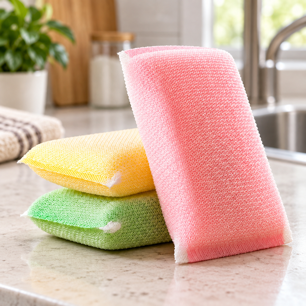 Set de 3 Esponjas Multiusos Suaves de Colores en ambiente de hogar — Vendalia
