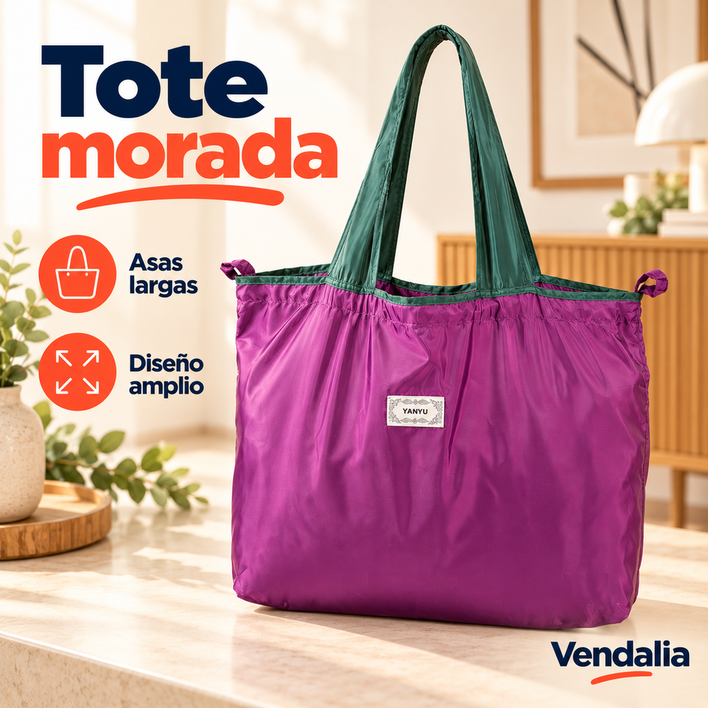 Bolsa tote morada con asas verdes — portada Vendalia