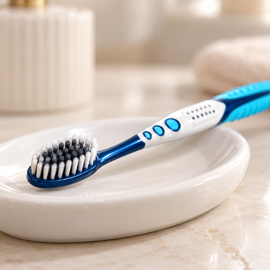 Detalle del cabezal de cerdas suaves del cepillo dental; color azul ilustrativo