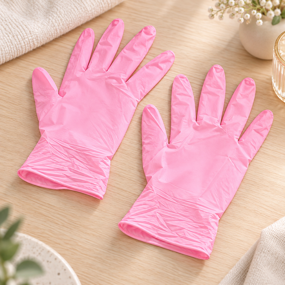 Guantes Desechables Rosas 50 Piezas Talla S en ambiente de hogar — Vendalia. La fotografía muestra dos guantes como ejemplo. La presentación contiene 50 piezas.